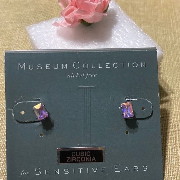 Emerald Cut Iridescent Pink Ice Cubic Zirconia Nickel Free post earrings NWT - Picture 2 of 5